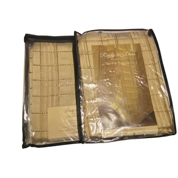 Set of 2 Gold/Cream 100% Sheer Silk Grid Window Curtain Panels 50” X 84” Drapery - Picture 11 of 12